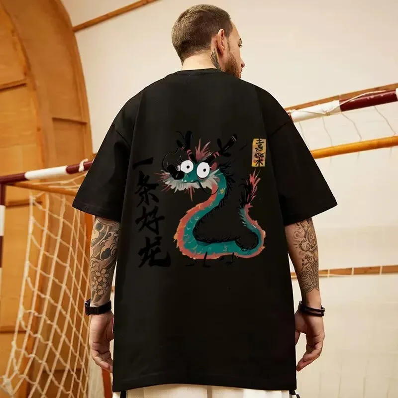 

Летняя футболка с короткими рукавами и рисунком дракона для мужчин Y2K, уличная одежда, футболки с круглым вырезом, модные топы в стиле хип-хоп большого размера