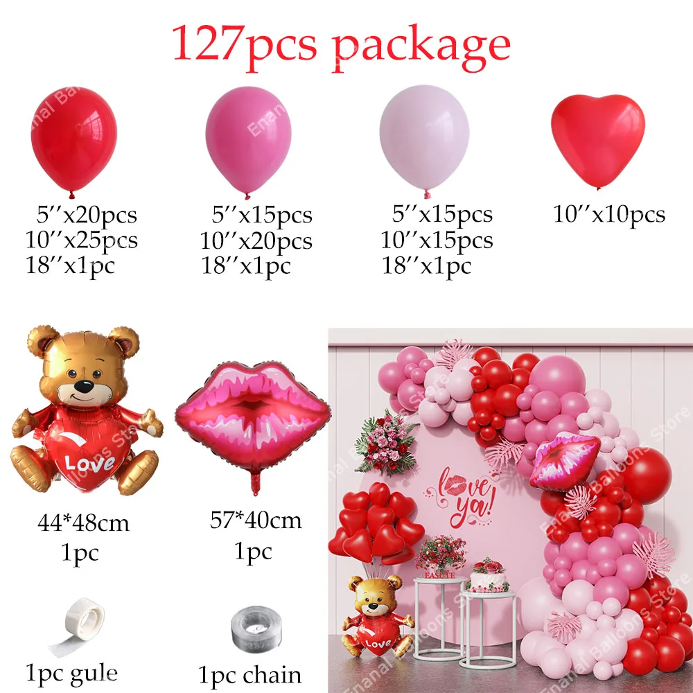 127pcs Pink Princess Balloon Garland Arch Large Lips Red Heart Bear Foil Ball Valentine's Day Wedding Girl Birthday Party Decor