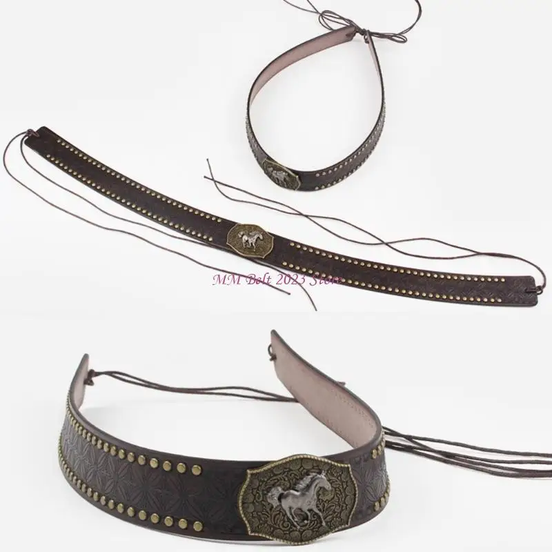49ME Adjustable PU Hat Band With Metal Rivet Studs Embossed Pattern For Western Costume And Everyday Wear Hat Decoration