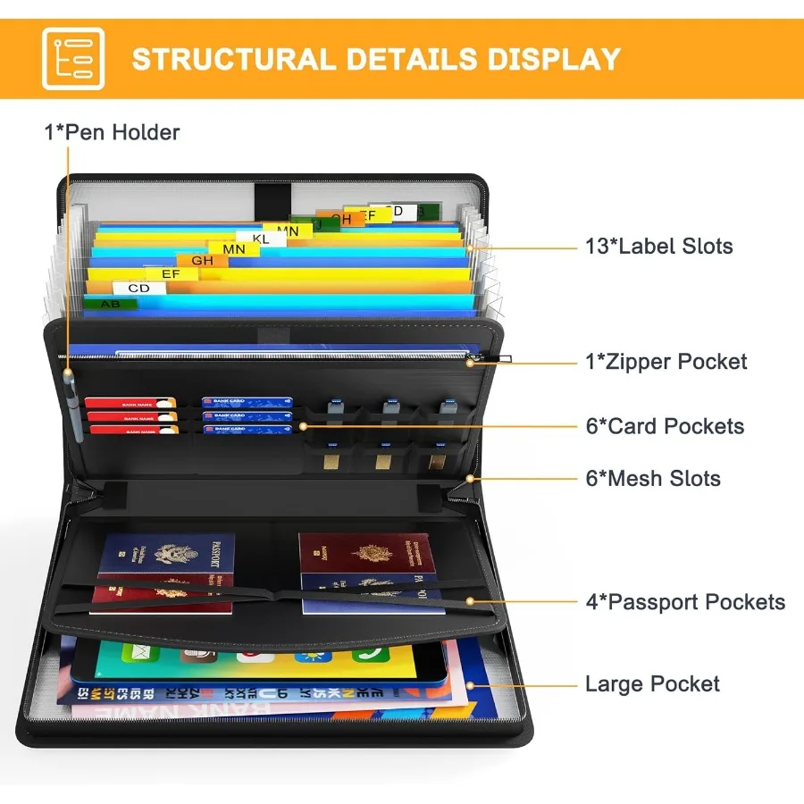 Hontom Accordion File Organizer 5200 Fireproof Document Organizer with 13 Pockets Portable Travel Home Safe Storage File Folder