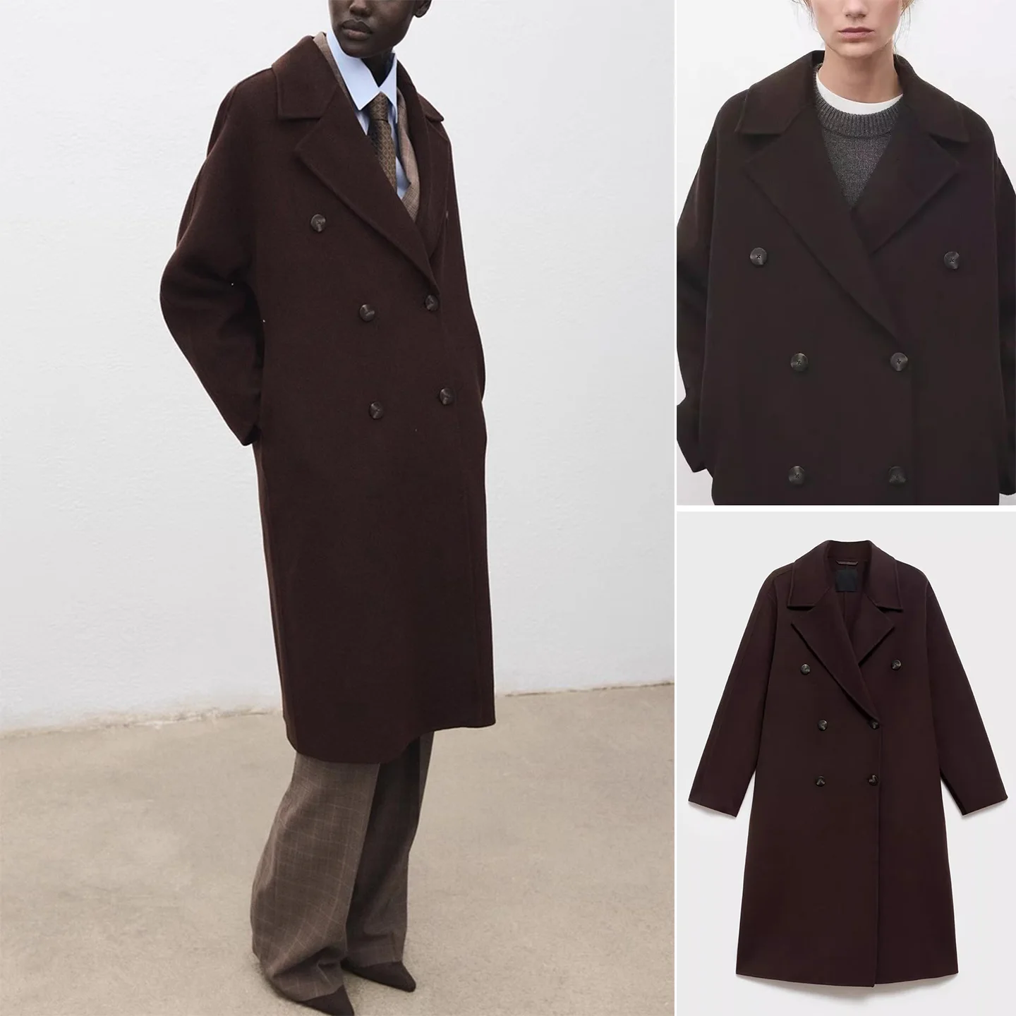 

Winter New Women's Simple Sle Loose Lapel Long Sve Double Button Woolen Coat Outerwear Polyester Fiber 00%