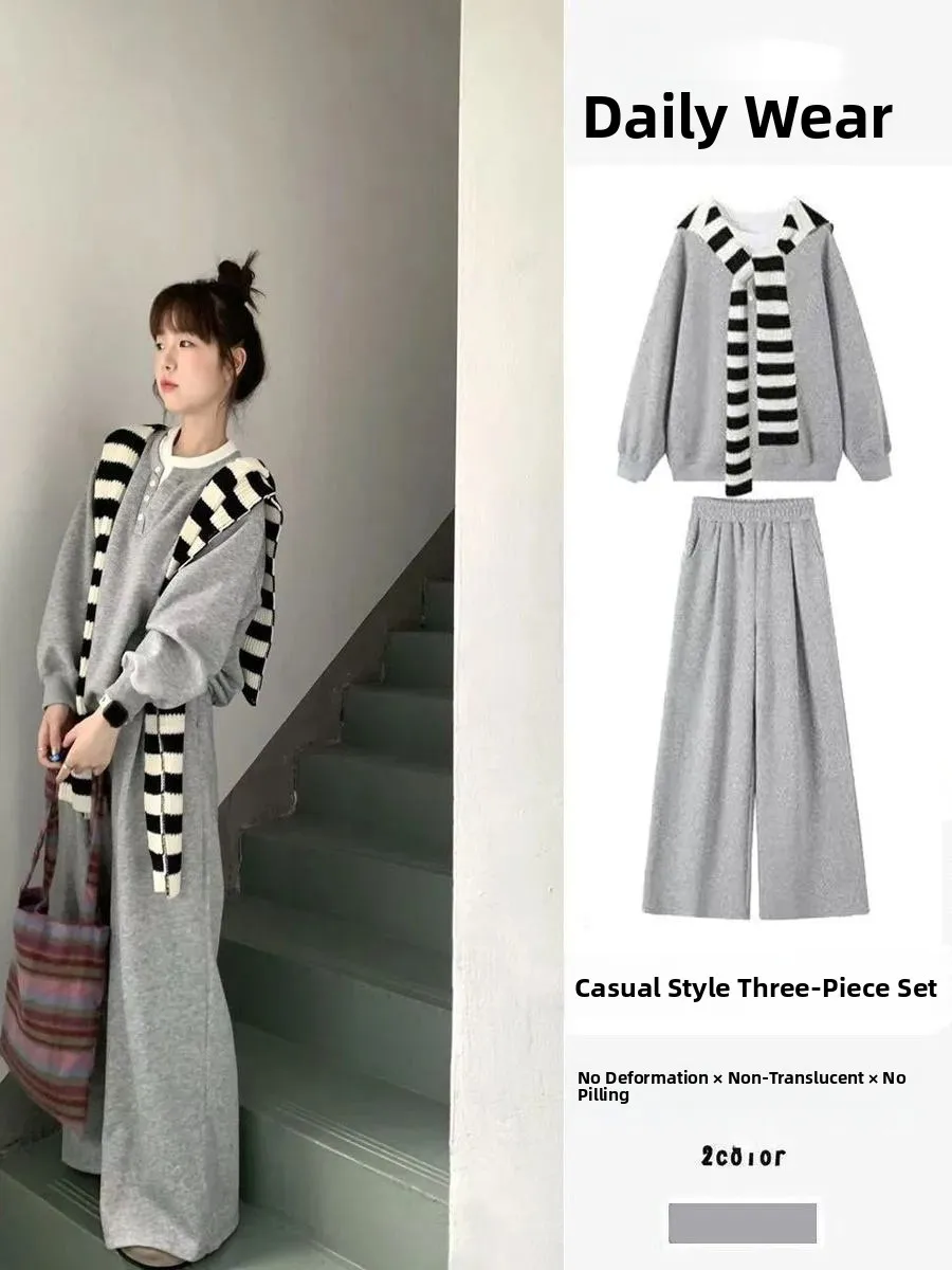 

Lazy Sle женский осенне-зимний полосатый шарф, искусственный свитшот из двух предметов, повседневные брюки длиной до пола, комплект футболок