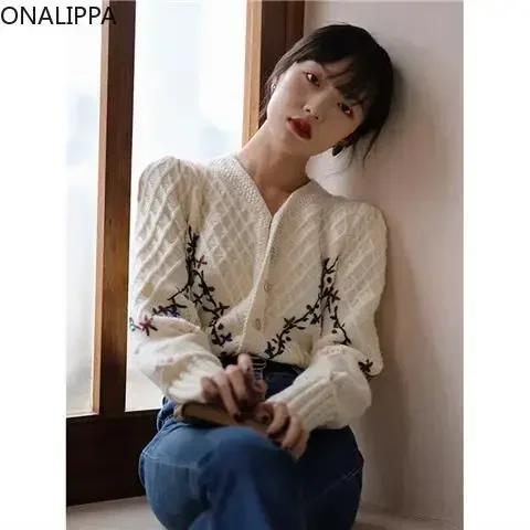 Onalippa Vintage Embroidery Hook Flower Knitted Cardigan V Neck Slouchy Style Puff Long Sleeves Cardigans French Chic Sweater