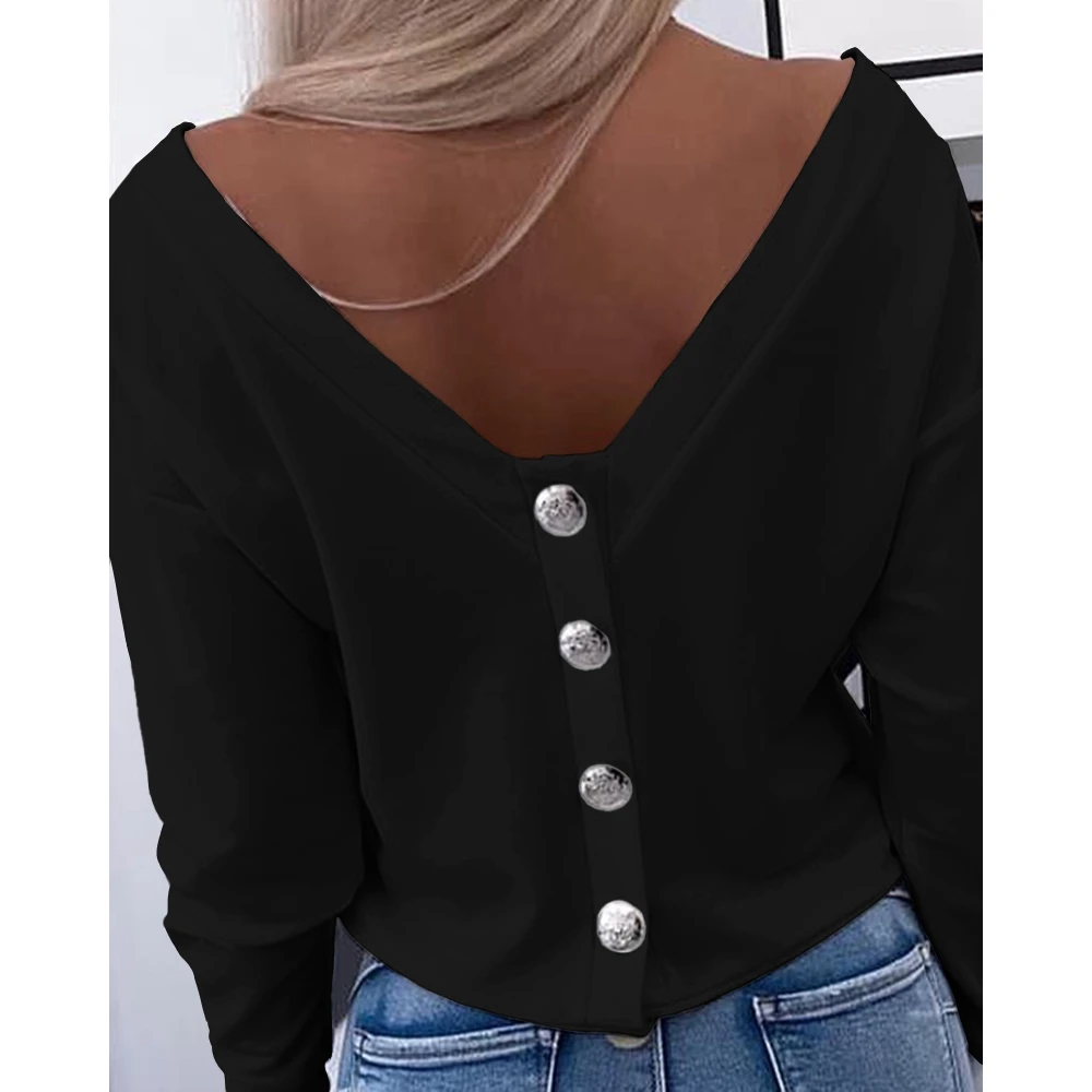 Spring Women Buttoned Decor V Neck Back Casual T-Shirts Long Sleeve Top Sexy Backless Daily Outfits Korean Style Y2k Clothing