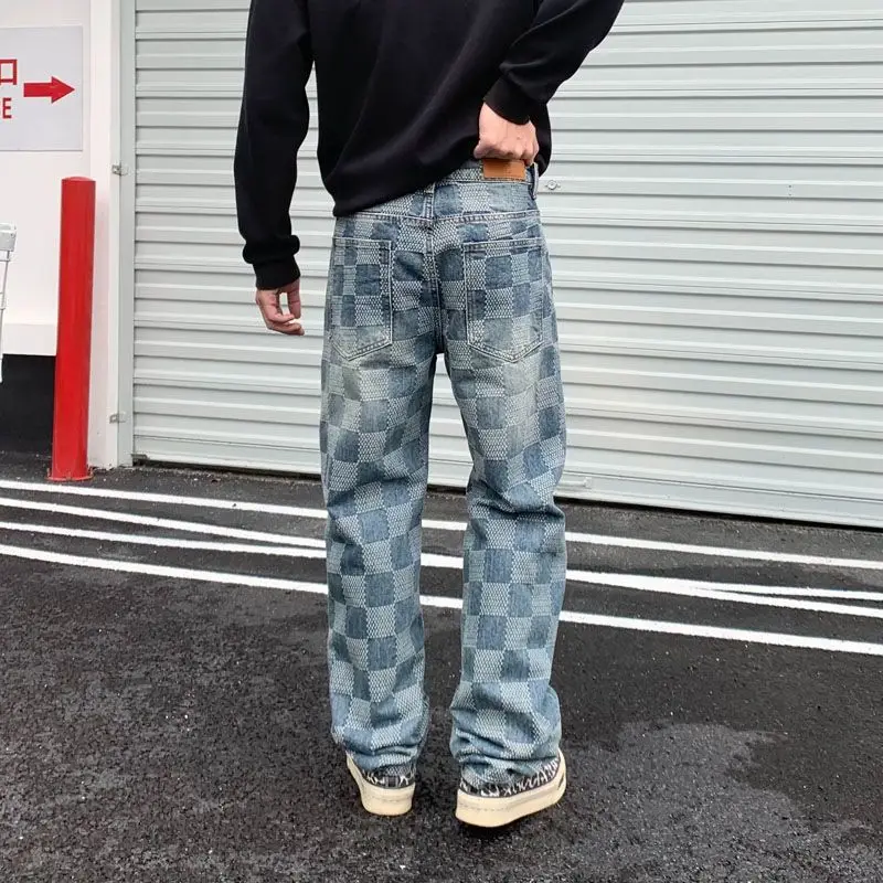 Blue Washed Loose Straight Men's Plaid Printed Jeans Casual High Street Vintage Y2k Pants Stock Jeans Trousers for Men