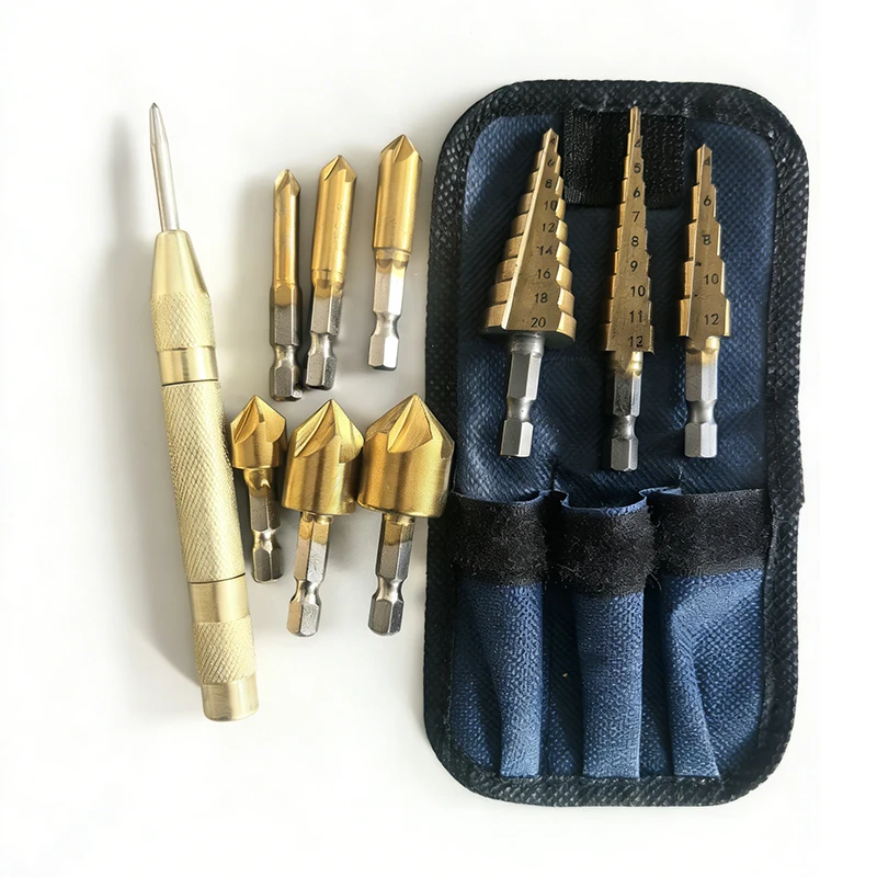 

6.35mm Titanium Plated Gold Pagoda Drill Bit Set, 10pcs Five Blade Chamfering Tool for Woodworking Step Punch
