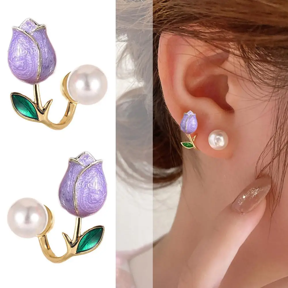 Korean Light Luxury Pink Tulip Imitation Pearl Stud Earrings For Women Two Ways To Wear Ear Studs for Girls Daily Party Jew V6M9