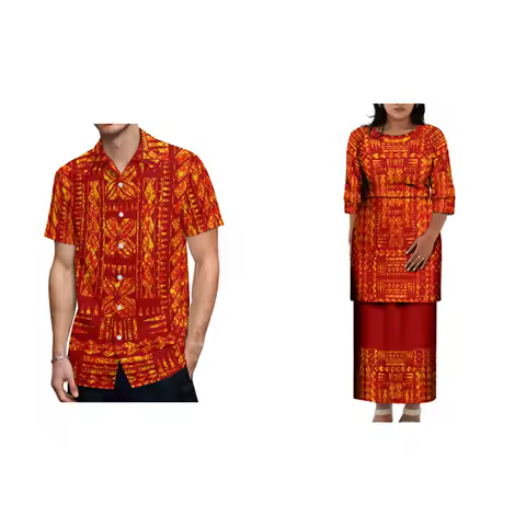 Women'S Round-Neck Dress Set Puletasi Red Clothing Set Pacific Art Island Retro Pattern Party Celebration Evening Dress
