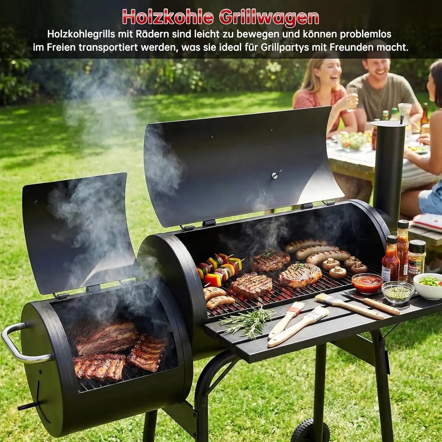 Griglia a carbone per barbecue e affumicatore offset 2-in-1 con carrello, superficie di cottura per esterni, per campeggio, con canna fumaria, termometro, ripiano grill, prese d'aria regolabili, 2