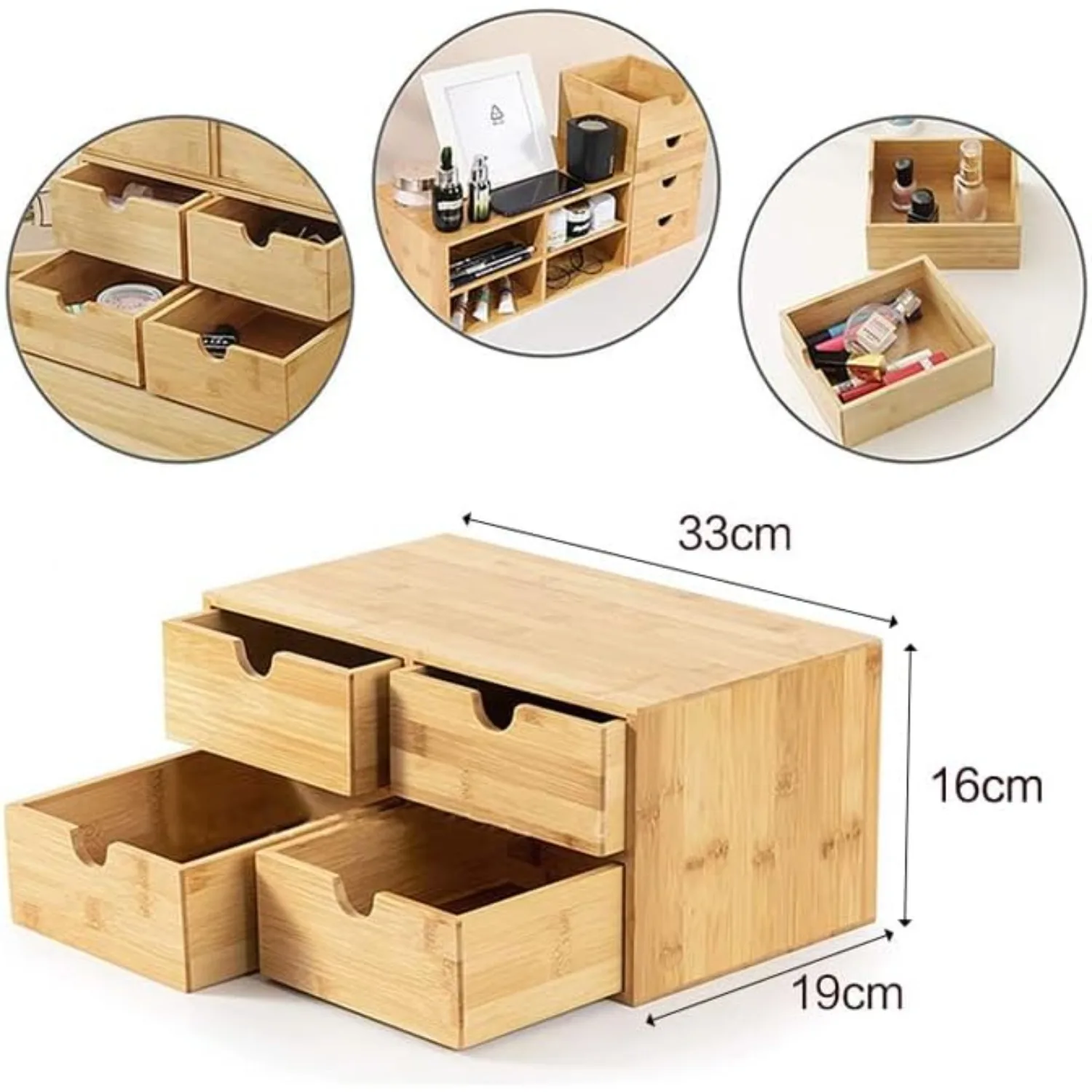 Bamboo Desk Organizer with 4 Drawer,Mini Desktop Drawer,Makeup Storage Drawer,Tabletop Storage Organization for Home Office