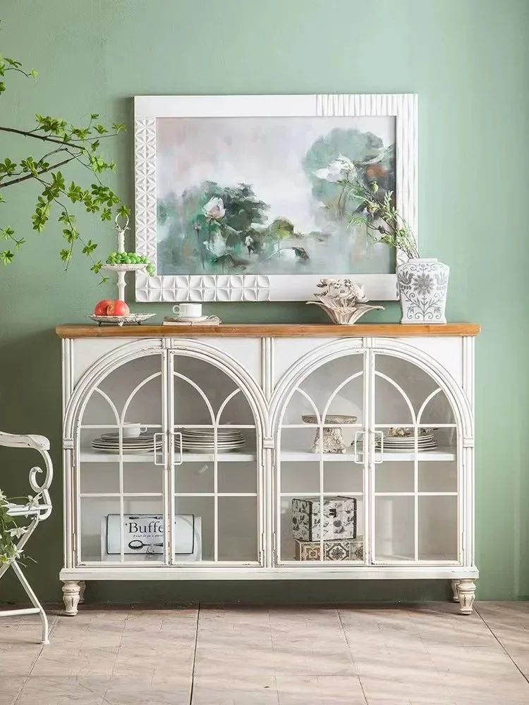 

Vintage Wine Cabinet, Living Room, White Wrought Iron Home Restaurant, Control Panel, Glass Decorative Cabinet