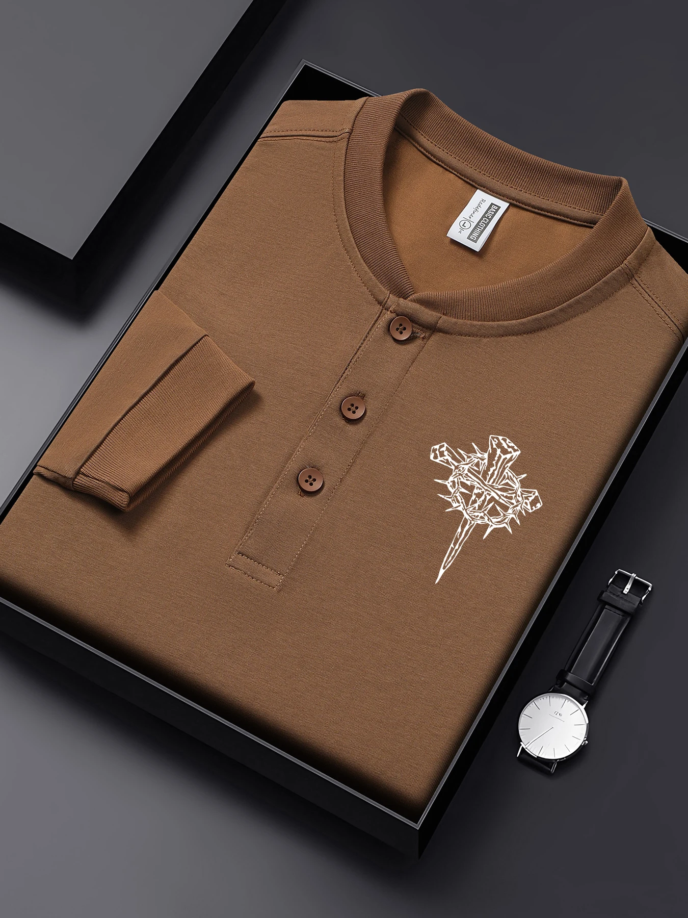 

Cross And Thorns Pattern Basic Henley Shirt Mens Loose Cotton T Shirts Henry Neck Autumn Long Sleeve All-Match Hip Hop Top