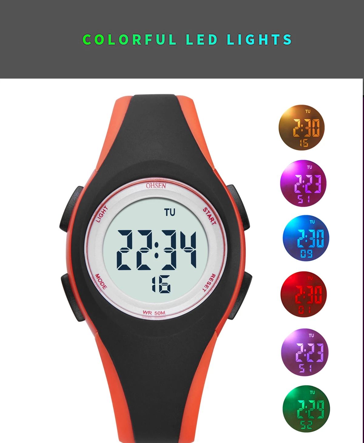 OHSEN Girl Boys Digital Watch Pink 7 Colors Led Silicone Kids Watches Waterproof Outdoor Sport Children Electronic Wristwatch