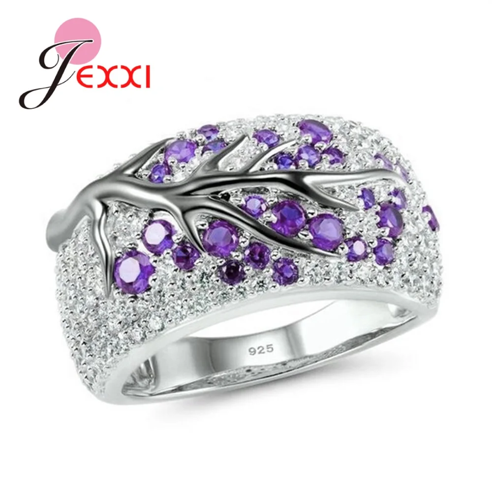 Solid 925 Silver Color Austrian Crystal Finger Rings Colorful Tree Original Design for Men Women Couple Jewelry
