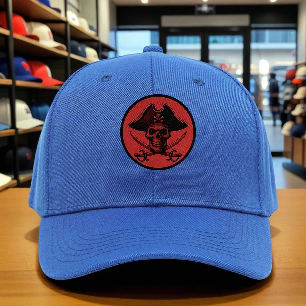 Pirate Emblem Baseball Cap with Skull & Crossed Swords Design - Bold Red & Black Adjustable Dad Hat, Hook-and-Loop Closure, Suit