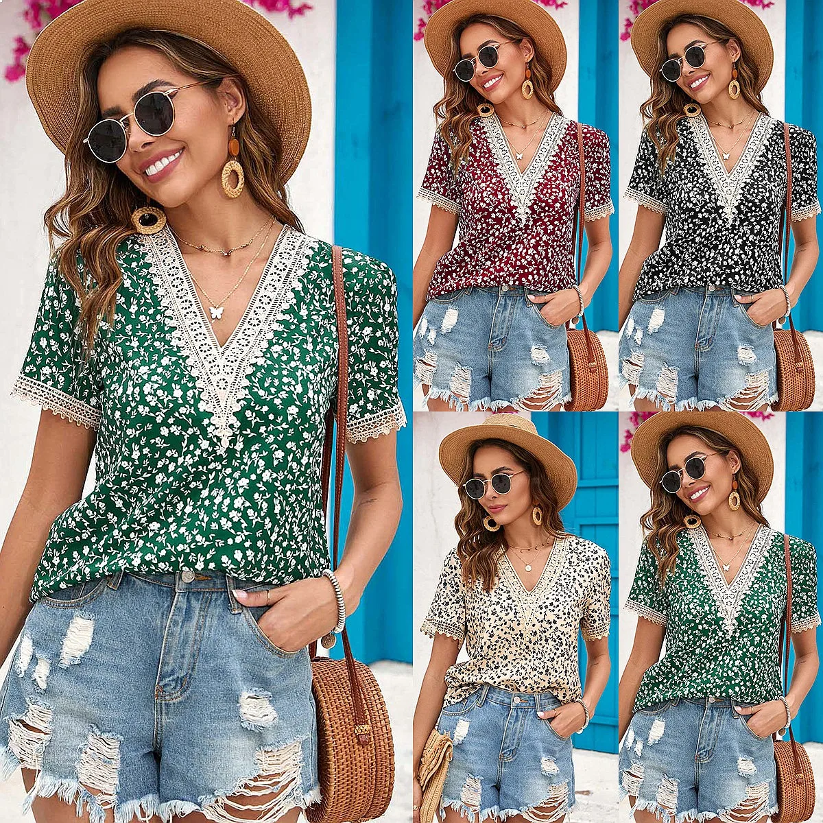 Women's Floral Lace Blouse Top Summer Spring Tops Shirts Casual Tee Tunic
