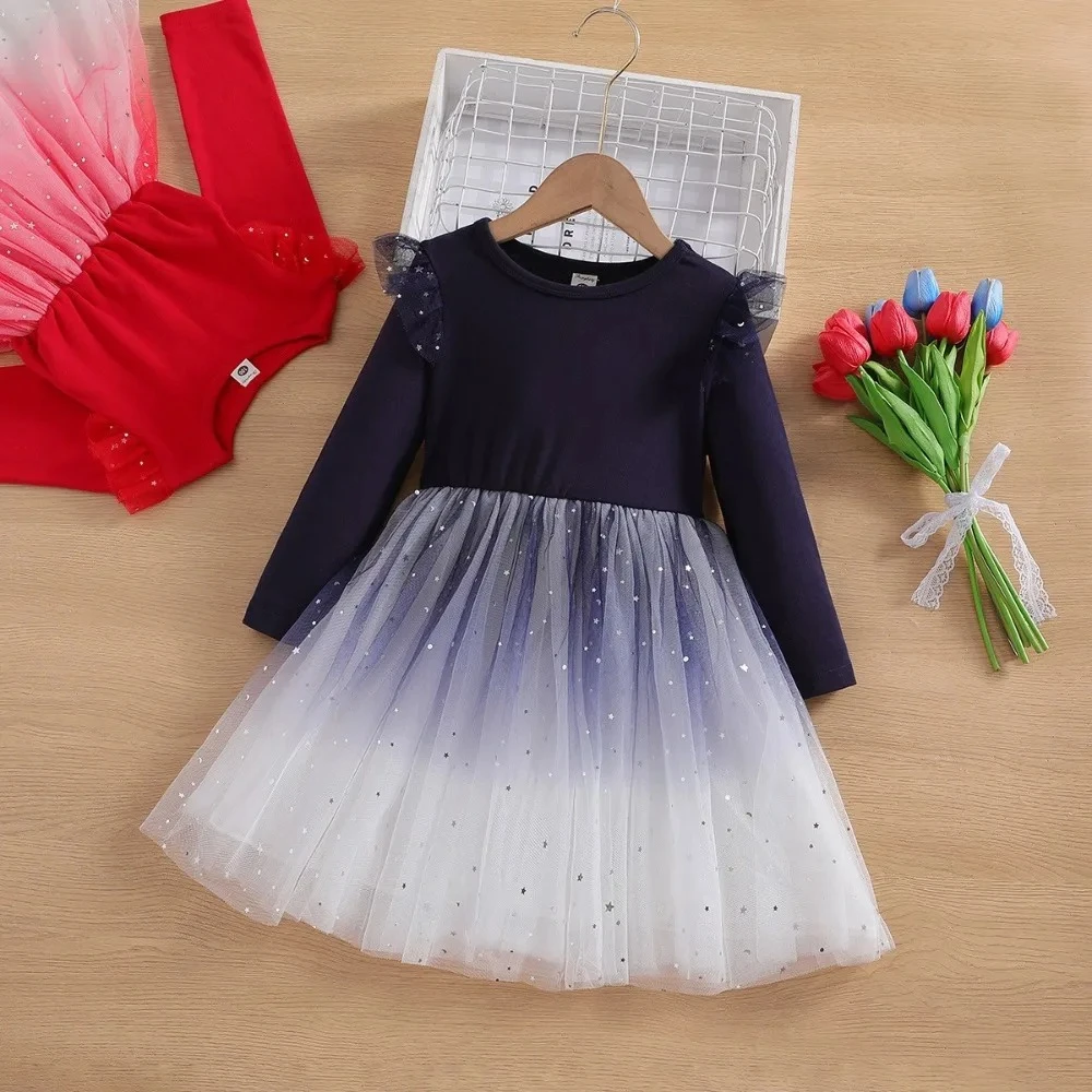 

2025 Autumn New Sweet and Cute Princess Girl's Dresses Starry Sky Mesh Long Sleeve Christmas Kids Clothing Girl's Holiday Dress
