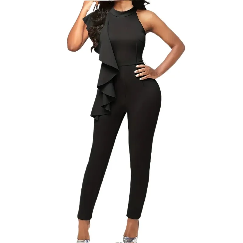 European and American Autumn New Fashion Women's Sleeveless Halter Neck Slim Fit Ruffle Jumpsuit