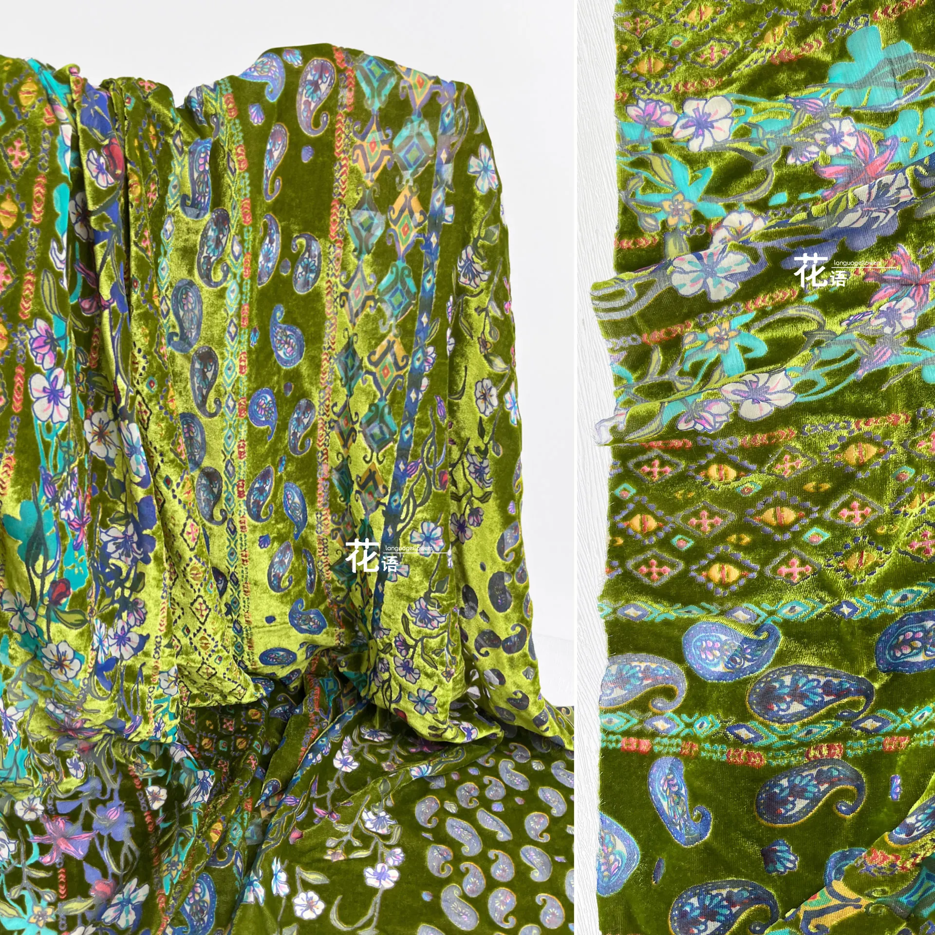 Green Floral Flocked Rayon Designer Fabric Vintage Pattern for Skirt Making, Clothing Design and Creative Sewing Projects