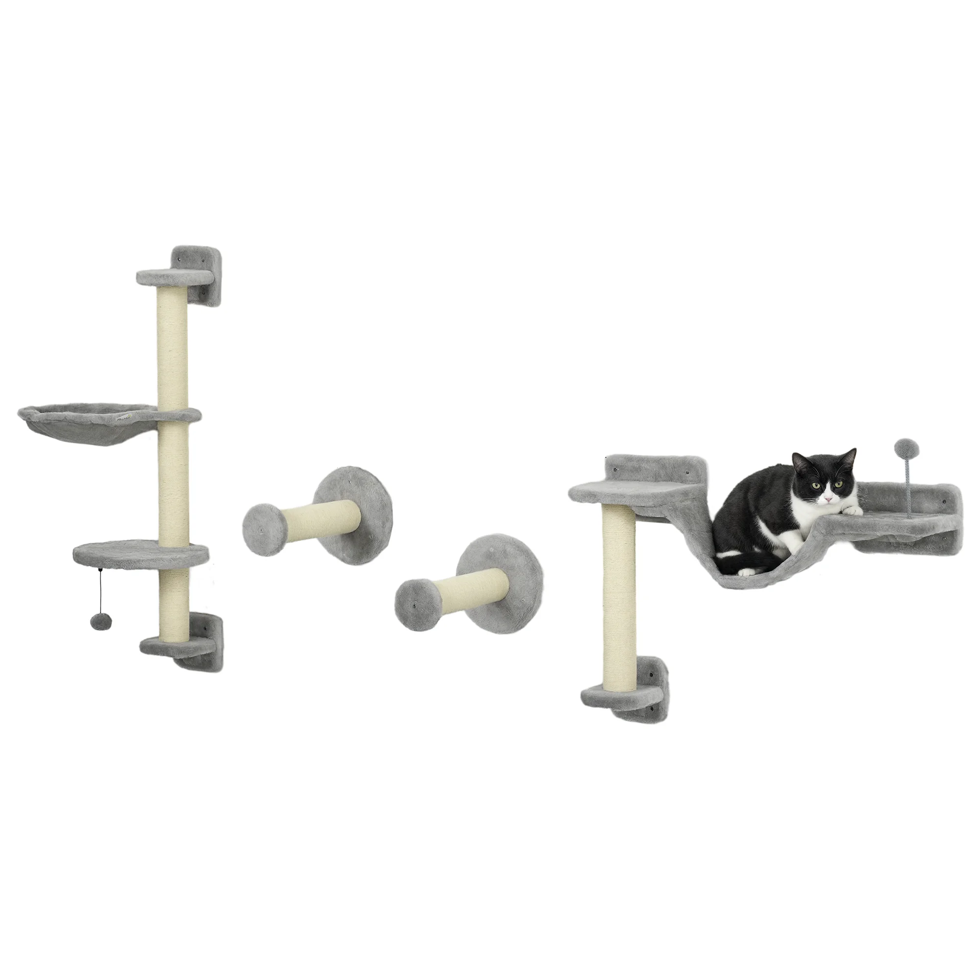 PawHut Albero per gatti a parete completo con 4 amache, Papple, piattaforme per saltare, palo in sisal e scala in peluche grigia