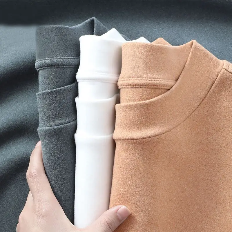 Men’s Half High Collar Warm T-Shirt Plain Casual Fleece-Lined Pullovers Bottoming Round Neck Long Sleeve Thermal Underwear Tops