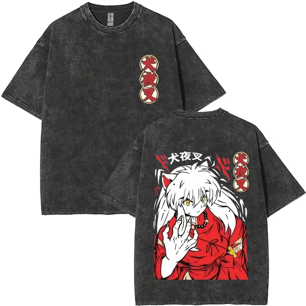 

Washed Vintage Anime Inuyasha Graphic T-shirt Men Women Casual Oversized Cotton T Shirts Men's 90s Cartoon Manga Short Sleeve