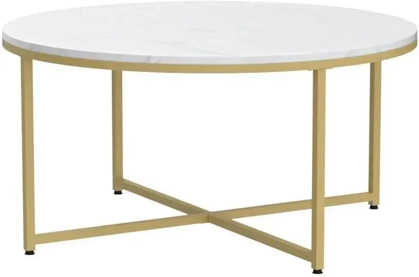 Faux Marble Coffee Table, 35.5in Round Coffee Table with Metal Legs for Living Room, Modern Center Table for Home & Office