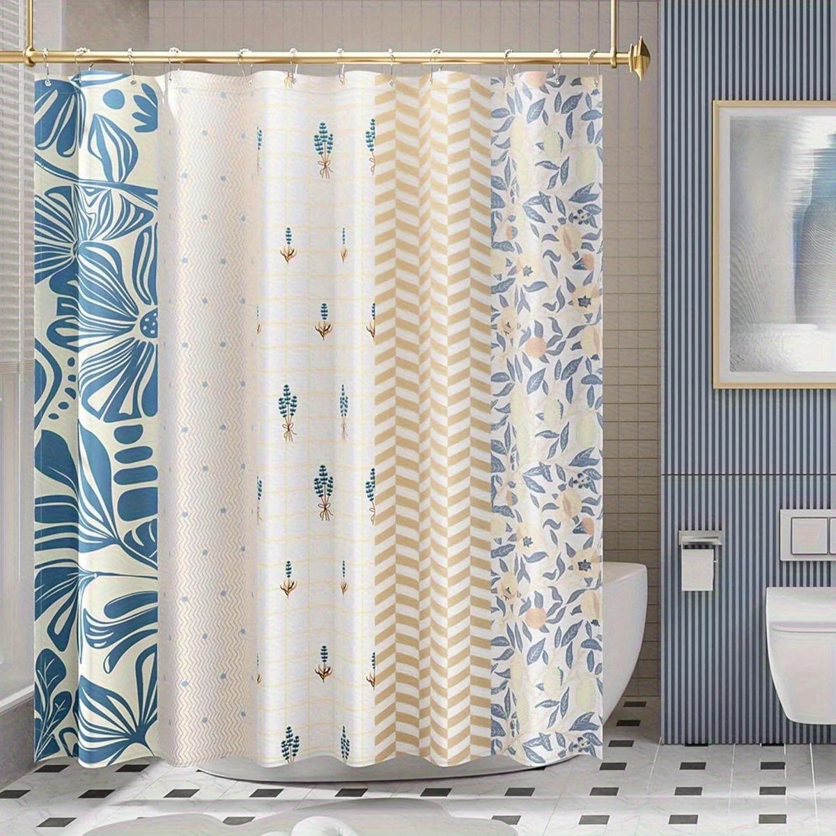 

Современная шторка для душа в стиле пэчворк с синими цветочными и геометрическими узорами для стильного декора ванной комнаты, современная, быстрая установка.