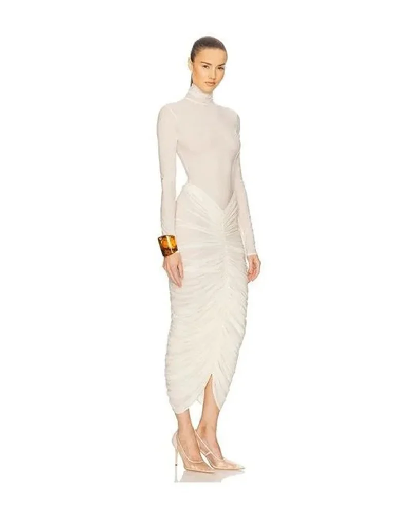 Abito da ballo tubino bianco collo alto maniche lunghe volant lungo formale abiti da cerimonia per invitati vacanza spiaggia banchetto festa abito da sposa