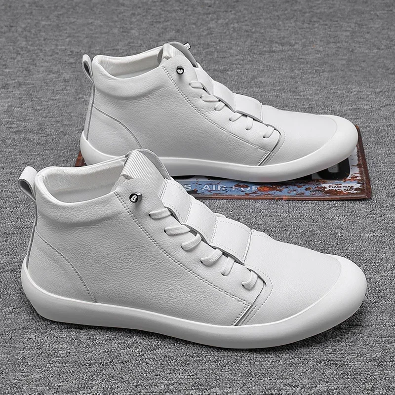 100% Genuine Leather Shoes Men High Top Sneakers Fashion Men White Shoes Cool Street Man Footwear Tenis Masculino Casual Botines