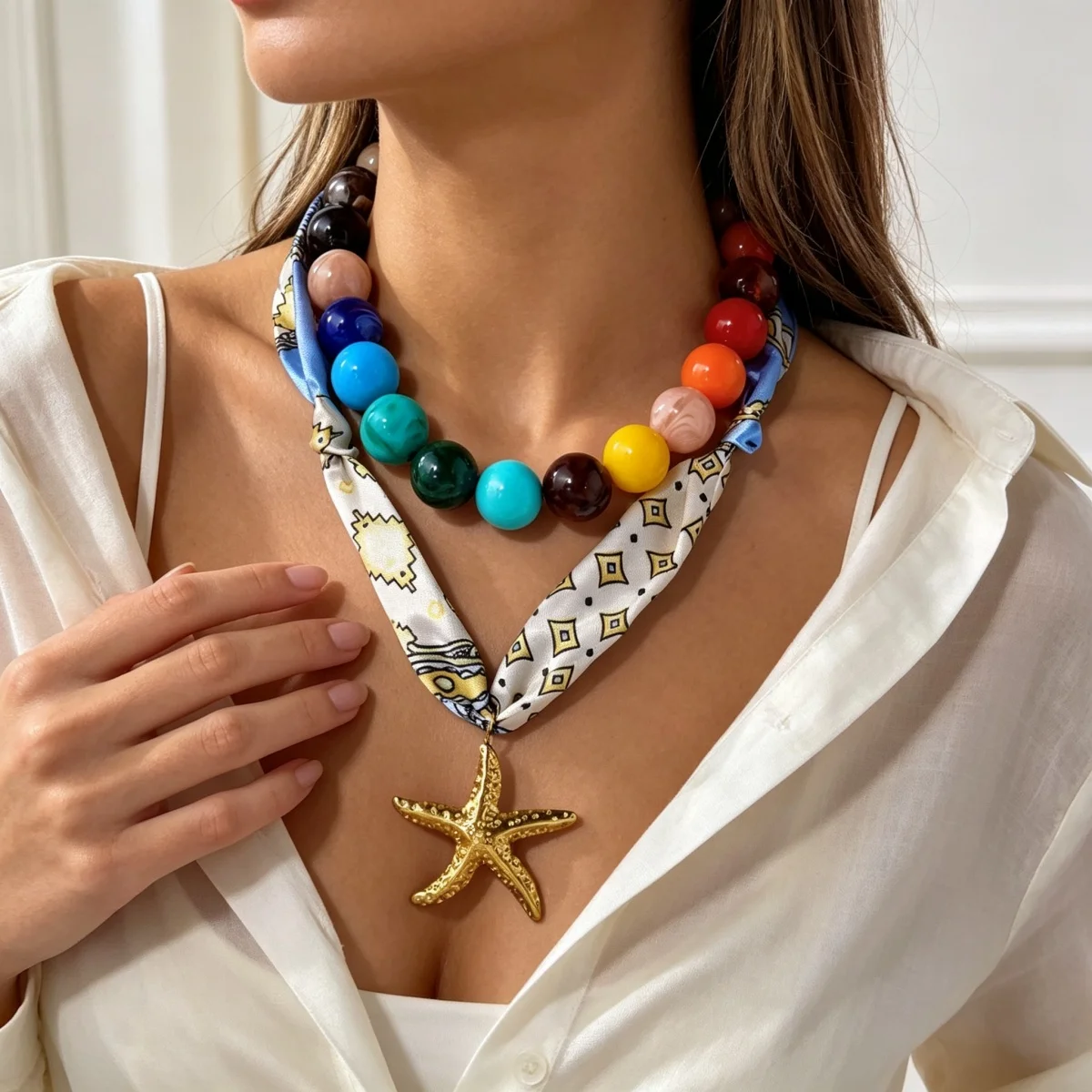 Bunter Acryl-Rundperlen-Schal mit Aufdruck, Seestern-Halskette für Frauen, Doppelschichtiger Edelstahl-Stern-Choker-Schmuck – Detail 10