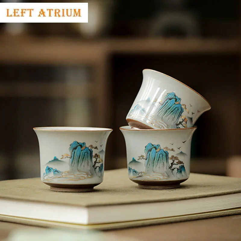1 Pcs Chinese Retro Ceramic Teacup Handmade Landscape Pattern Tea Bowl Travel Portable Master Meditation Cup Household Tea Set
