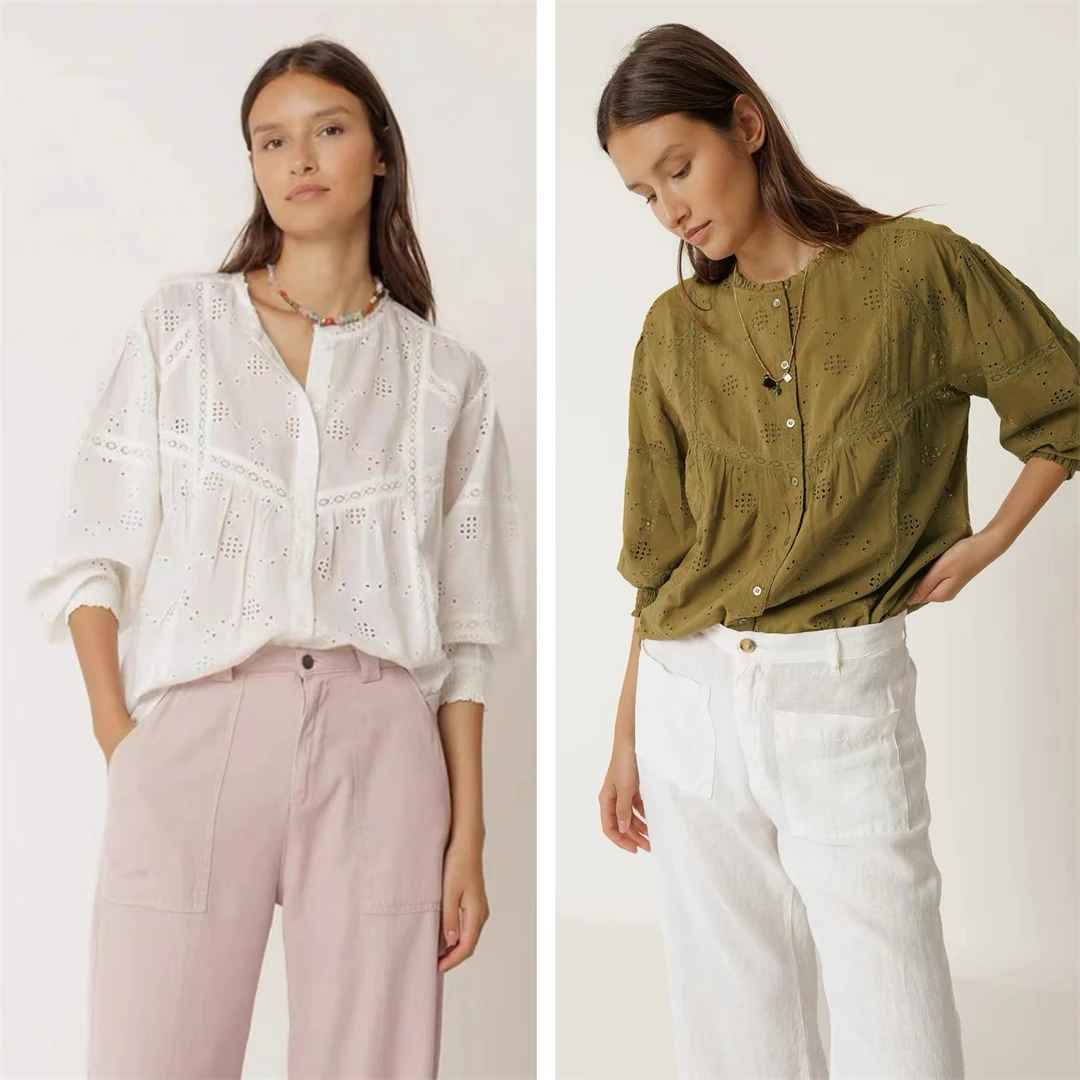 Camisa de mujer Inco bordada con cuello redondo calado y ribete de encaje, de color liso, estilo francés, holgada, de algodón...