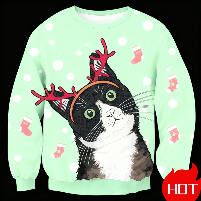 الرجال طاقم الرقبة عيد الميلاد القط البلوز ثلاثية الأبعاد الطباعة الرقمية مضحك لطيف القط تصميم مريح الرجال طويلة الأكمام البلوز 2026 جديد #3