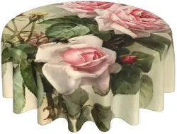 Vintage Shabby Chic Pink Rose Floral Round Tablecloth 60 Inch Table Cover Waterproof Table Cloths for Dining Table Party Camping