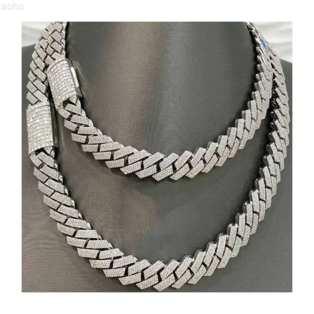 

14mm 3 Row Miami Cuban Link Chain Vvs Moissanite Diamond Stubbed 925 Sterling Silver White Gold Plated with Baguette Lock.