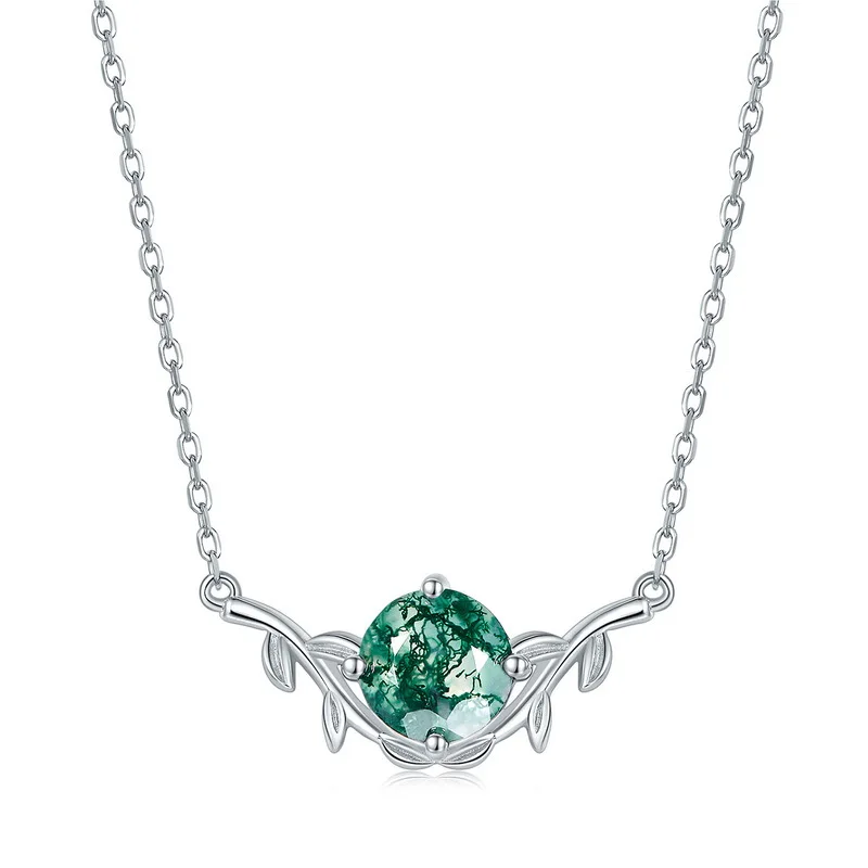 

Round Cut 925 Sterling Silver Natural Moss Agate Gemstone Olive Branch Necklace For Woman Wedding Birthday Gift Fine Jewel