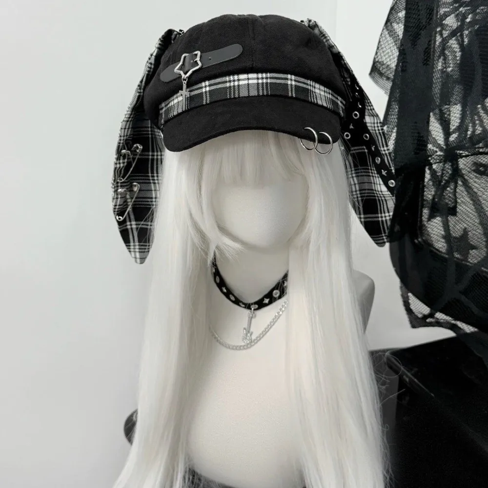 Fashion Rabbit Ears Plaid Beret Hat Irregular Thin Brim Octagonal Hat Gothic Subculture Newsboy Peaked Hat Girls