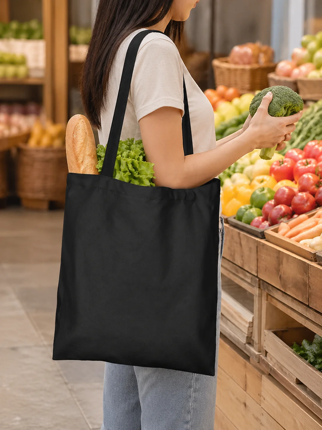 

Minimalist Black Tote Bag Lightweight Canvas Shoulder Bag Foldable Reusable Grocery Bag for Shopping Office College Travel