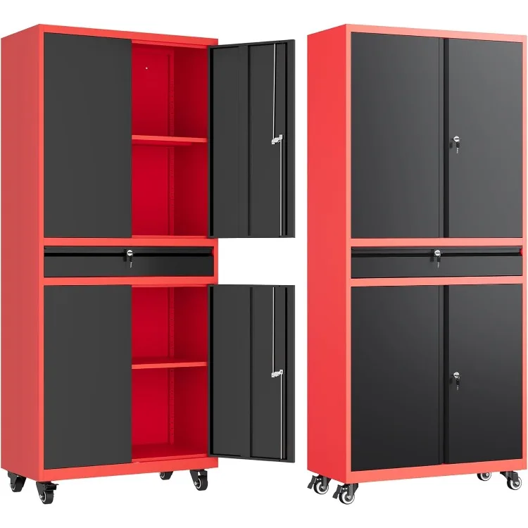 Metal Garage Storage Cabinet with Wheels,Rolling Tool Cabinet with Adjustable Shelves and Drawer for Garage Home Utility Room