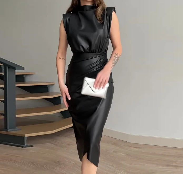 Womens Dresses 2025 Spring New Solid Color PU Leather Round Neck Sleeveless Sexy Ruched High Waist Bag Hip Long Dress