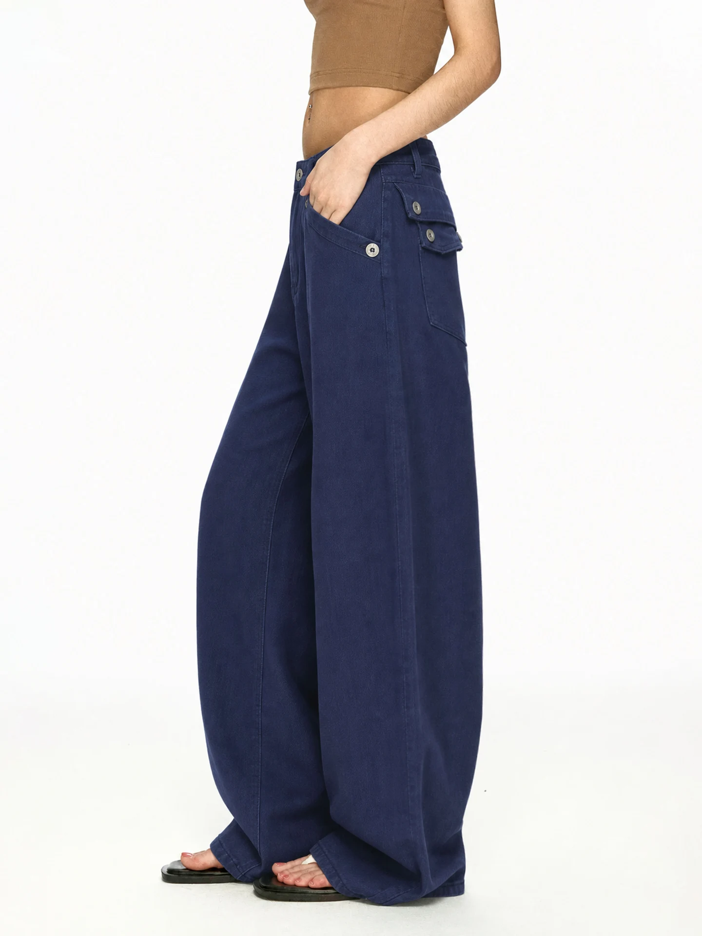 Aaisup American Style Loose Wide Leg Denim Jeans Women's Autumn Design Slimming Floor-Length Pants Deep Blue Comfortable Lazy...