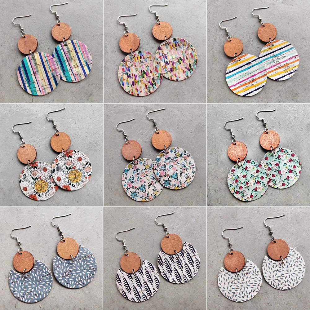 New Arrival Stripe Rainbow Round Wood Earrings Cork Circle Cutout Statement Earrings for Women Jewelry Wholesale