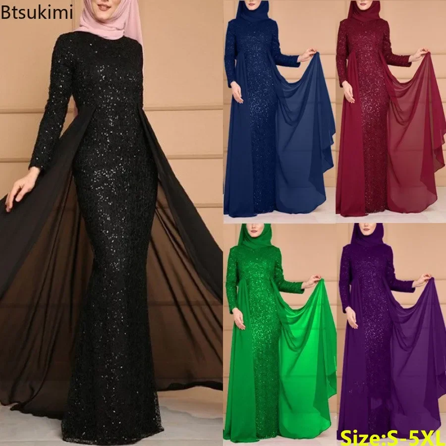 2024 Luxury Design Sequins Long Dress for Women Muslim Abaya Slim Elegant Evening Dresses Saudi Arab Kaftan Robe Islam Clothing