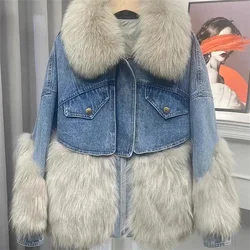 Big Fur collar Splicing Denim Jacket Women's Winter New Fashion Korea Loose Thicken Cowboy Coat Female Warm Parka Overcoat