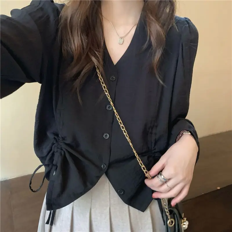 2024 Autumn Women\'s New Spliced Button Drawstring V-neck Fashion Solid Color Loose Minimalist Casual Long Sleeved Blouses Shirts