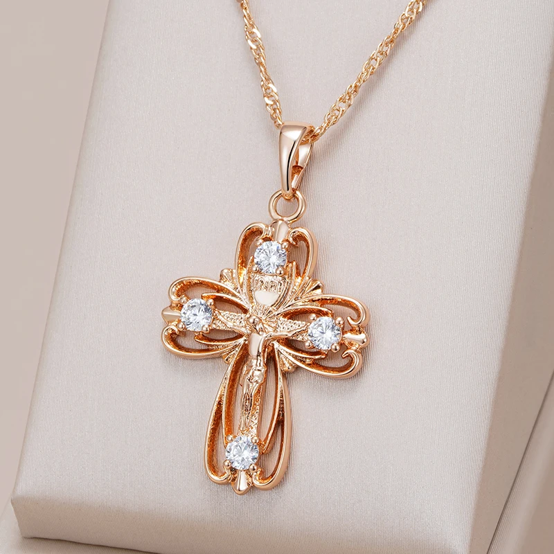 Kinel Hot 585 Rose Gold Color Orthodox Church Cross Pendant Necklace For Women Natural Zircon Accessories Crucifix Jesus Jewelry