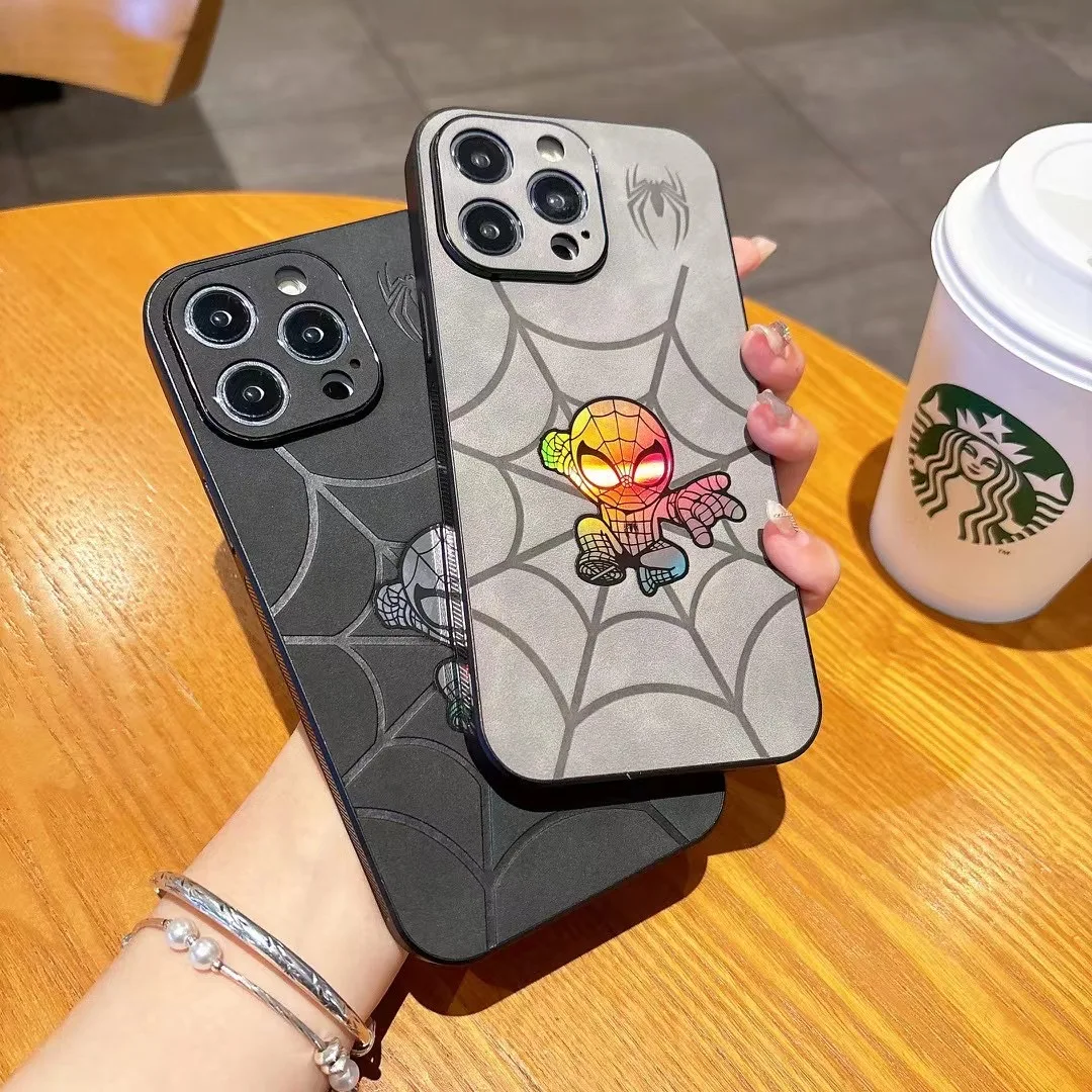 Luxury Suede Soft Leathe 3D Anime Mask Hero Marvel Spider-Man Laser Case For iPhone 15Pro Max 14 12 13 11 Anti-fur Cartoon Shell