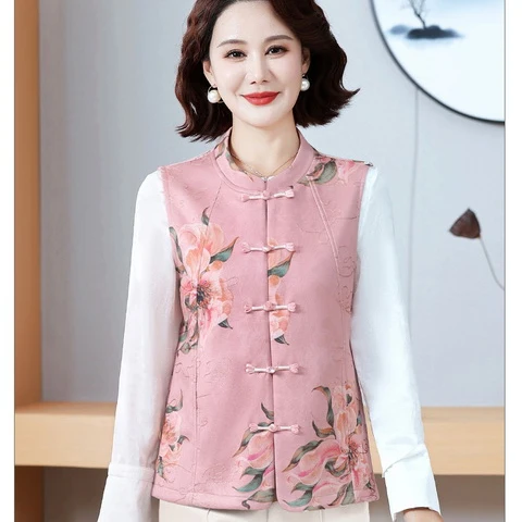 

Spring Faion Print Buttonl Vest Chinese Sle Women's Mid-aged And ly Clothing Breathable Loose Fit Polyester Fiber