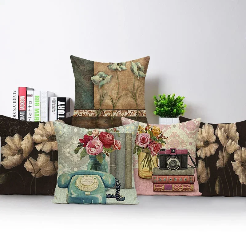 Floral Style Home Decor Pillowcase Flower and Camera Radio Pattern Throw Couch Cushion Cover Sofa Car Home Decor Pillow Covers